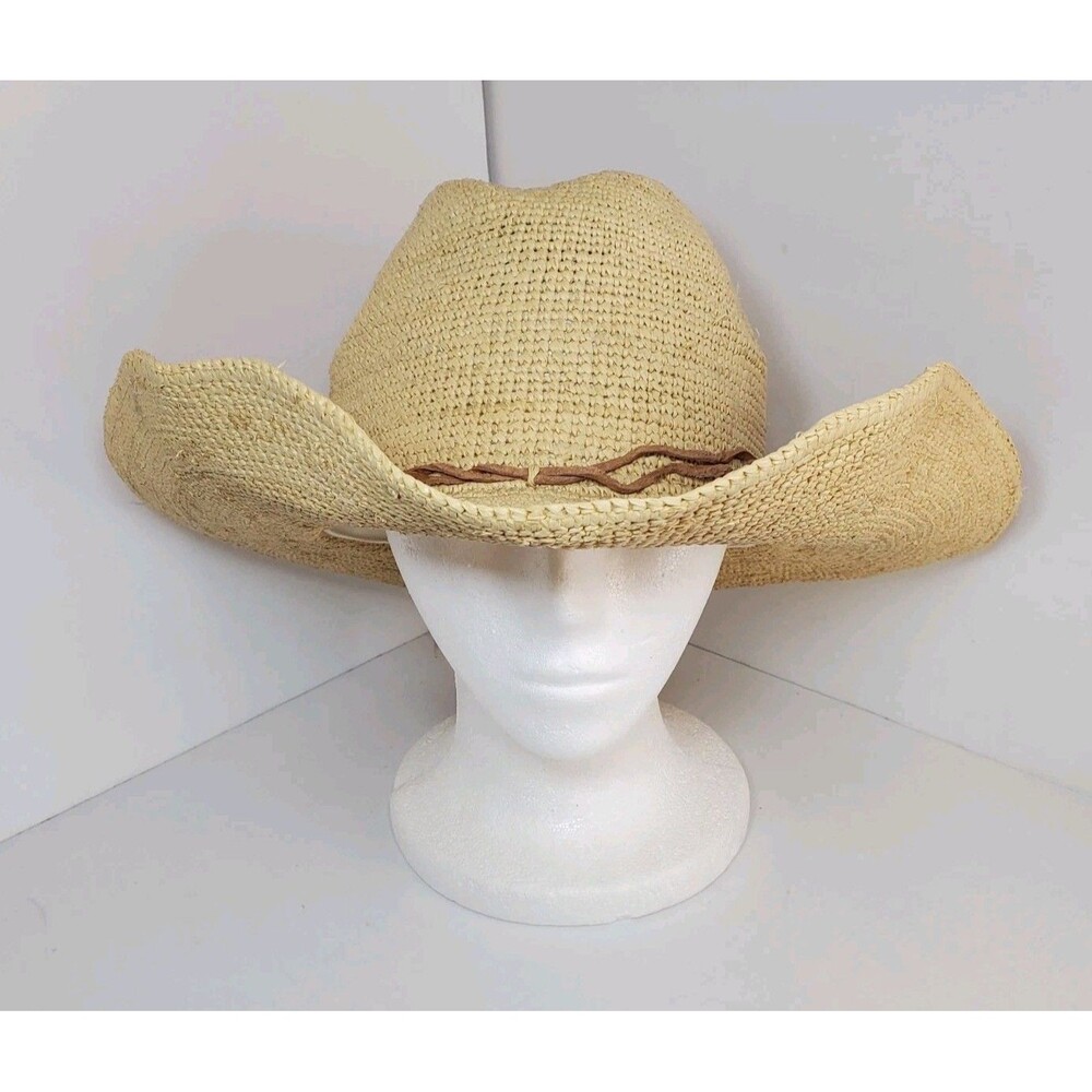 Mar Y Sol Beige Straw Hat Leather Trim OSFM Summer Outdoor Resort  Vacation